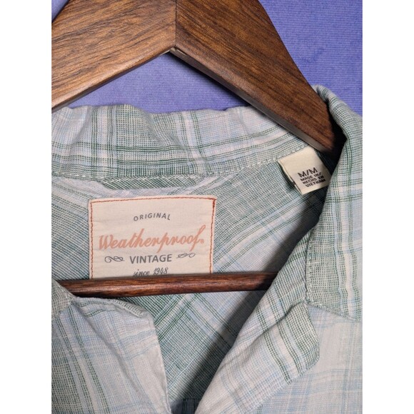 Green Linen Blend Plaid Short Sleeve Shirt Men's Medium Camp Lightweight Summer - Picture 5 of 7